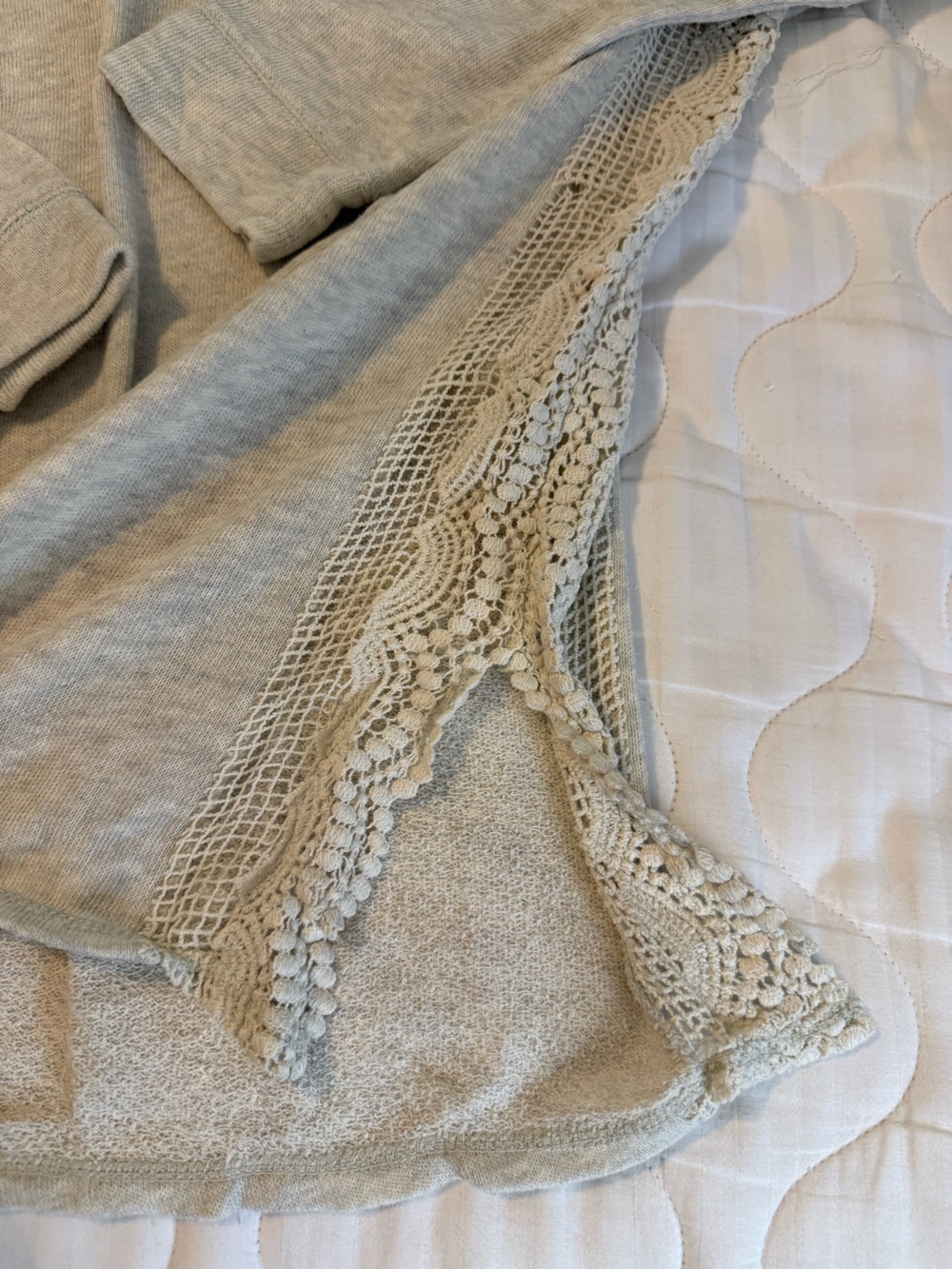 O'Neill Light Gray V-Neck Sweater with Cream Crochet Trim